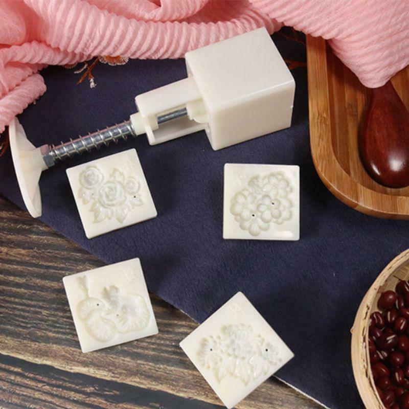 Four Season Flowers Square Hand Pressed Mooncake Mold 4 Stamps Baking Tools