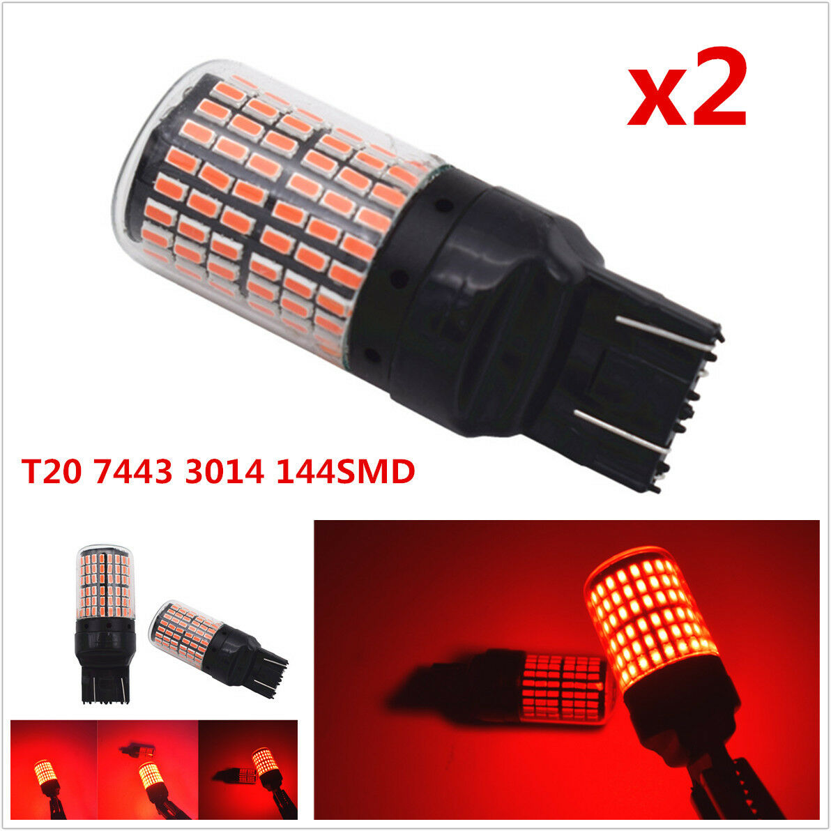 2Pcs T20 7443 3014 144SMD Red LED Canbus Flashing Strobe Alert Brake Tail Light