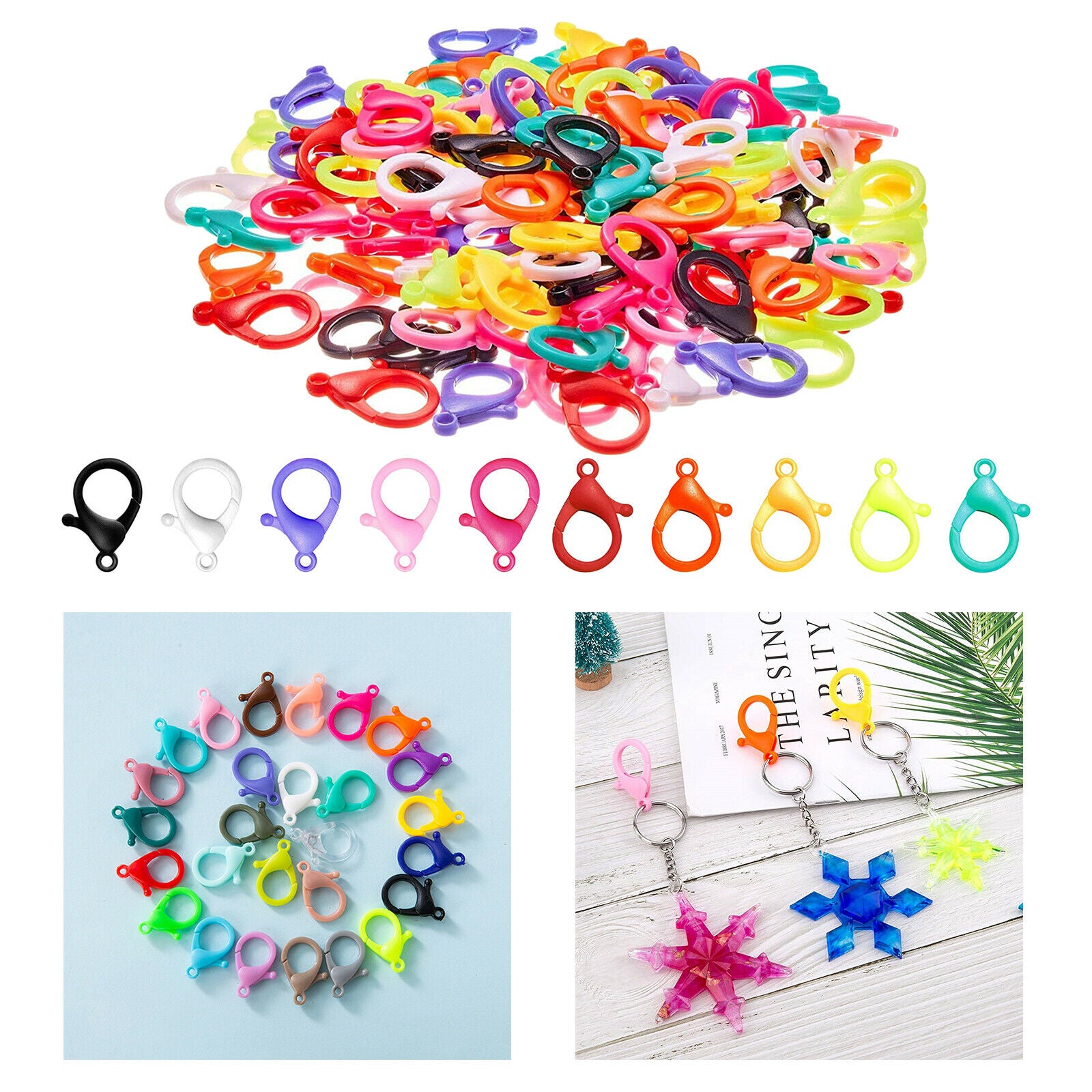 100Pcs Colorful Loster Claw Clasps, Plastic Lobster Clasp Hook Snap Clips for