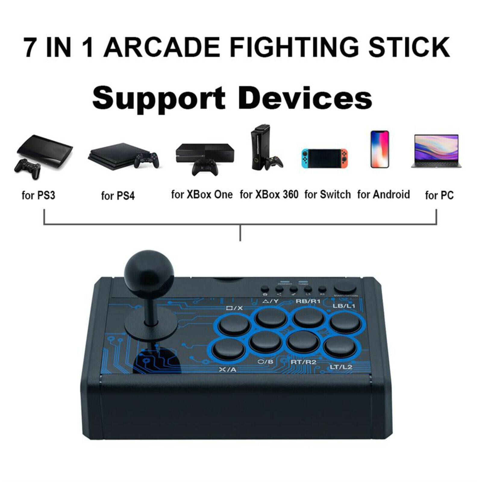 7-in-1 Arcade Fighting Game Joystick 8 Action Buttons and 8 Directional Stick