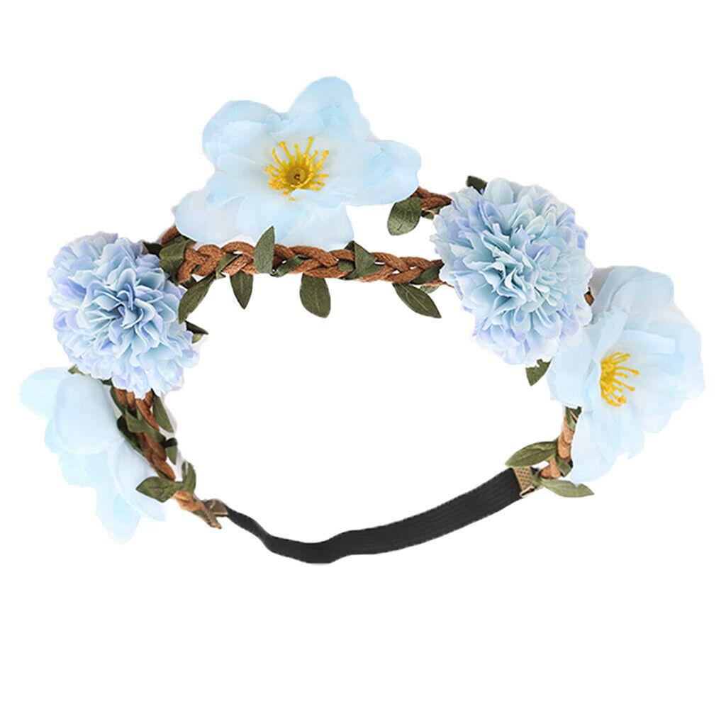 Sweet Baby Blue Flower Leaf Garland Hairband Bridal Wreath Elastic Headband