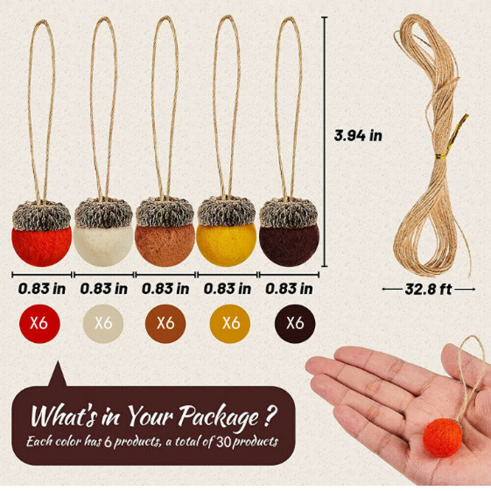 30pcs Felt Acorn Ornaments Hanging Decors Wool Felted Acorn Ball Pom With Rope
