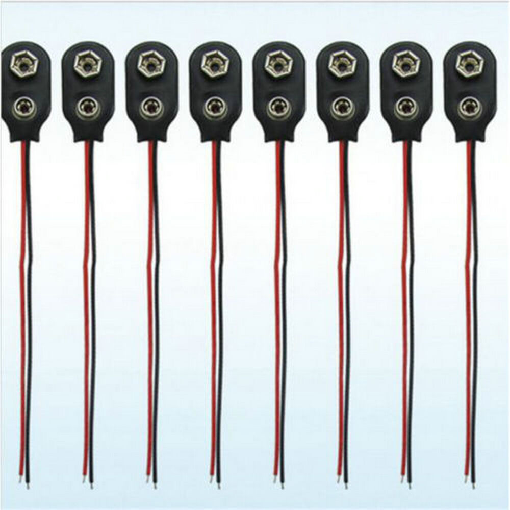 10 Pcs Snap 9V (9 Volt) Battery Clip Connector I Type Black w Cable Black