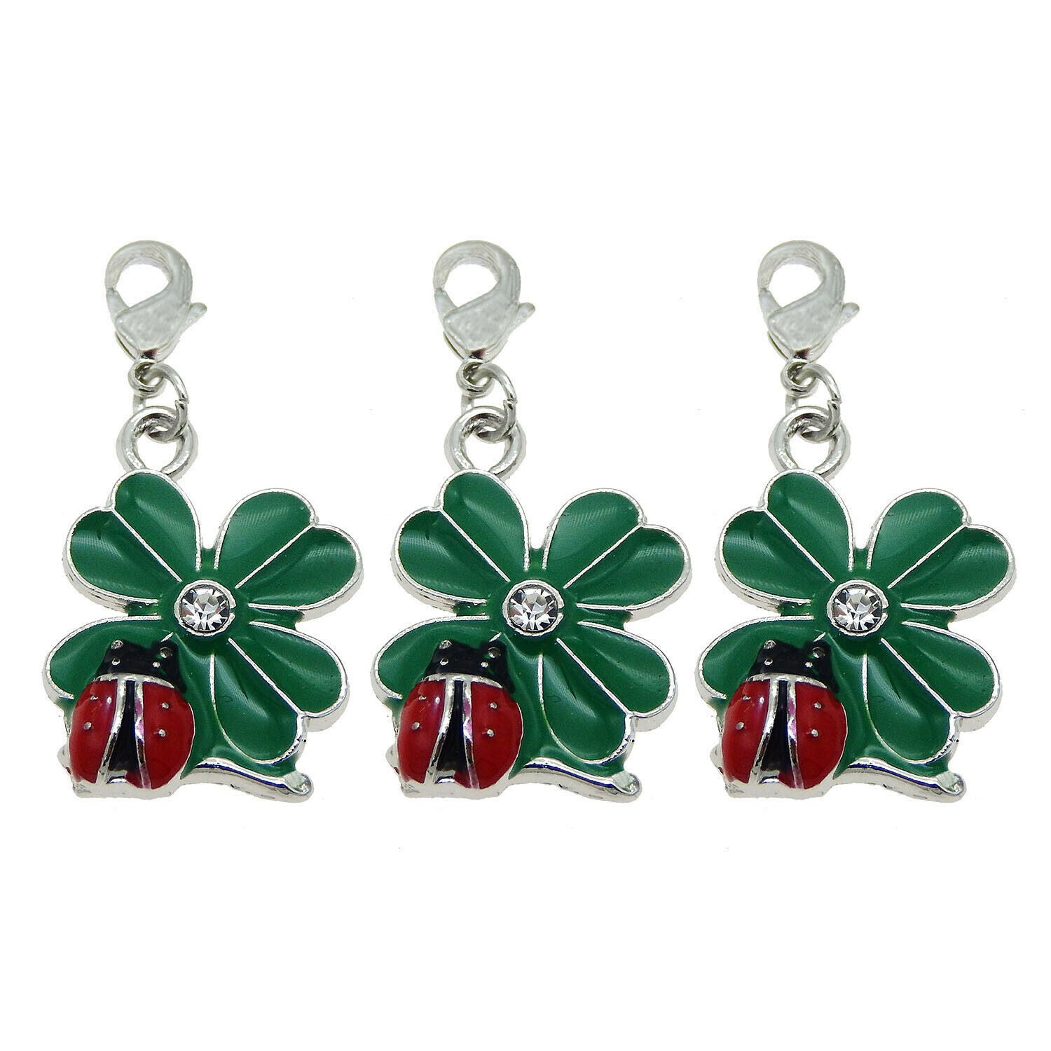 8-pack Green Enamel Clover Ladybug Charm Lobster Clasp Pendant Keychain Dangles