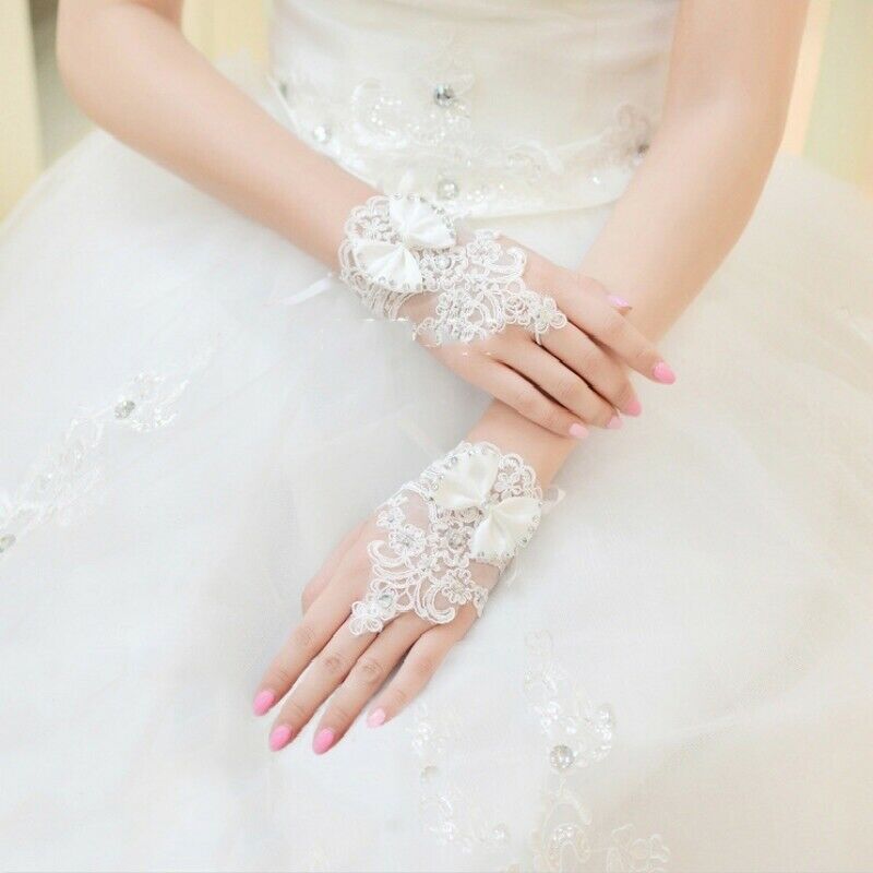 Women Lace Wedding Gloves White Fingerless Bow Bridal Party Evening Wrist Gloves