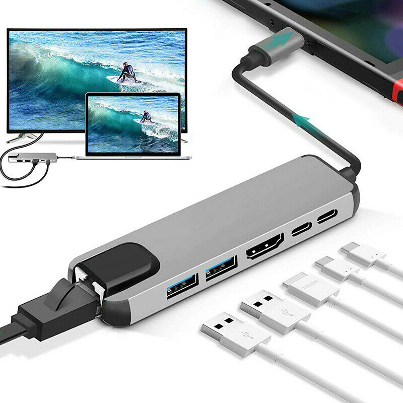 Type C Hub Adapter 6 in 1 USB C to Ethernet RJ45/ 4K HDMI/ 2 USB 3.0 Po LpC XC