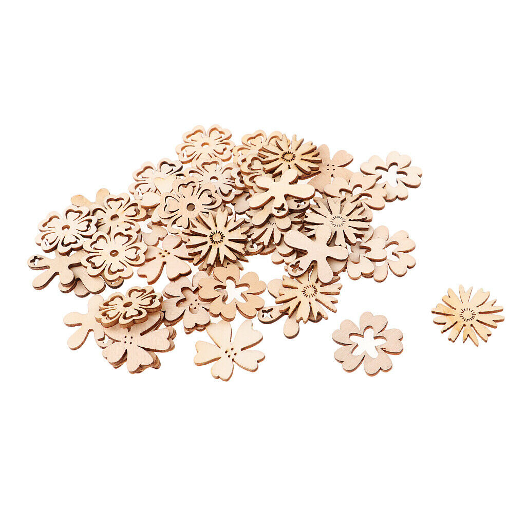 50pcs Chic Wood Buttons Cutout Flowers Shapes Wooden Craft DIY Scrapbooking
