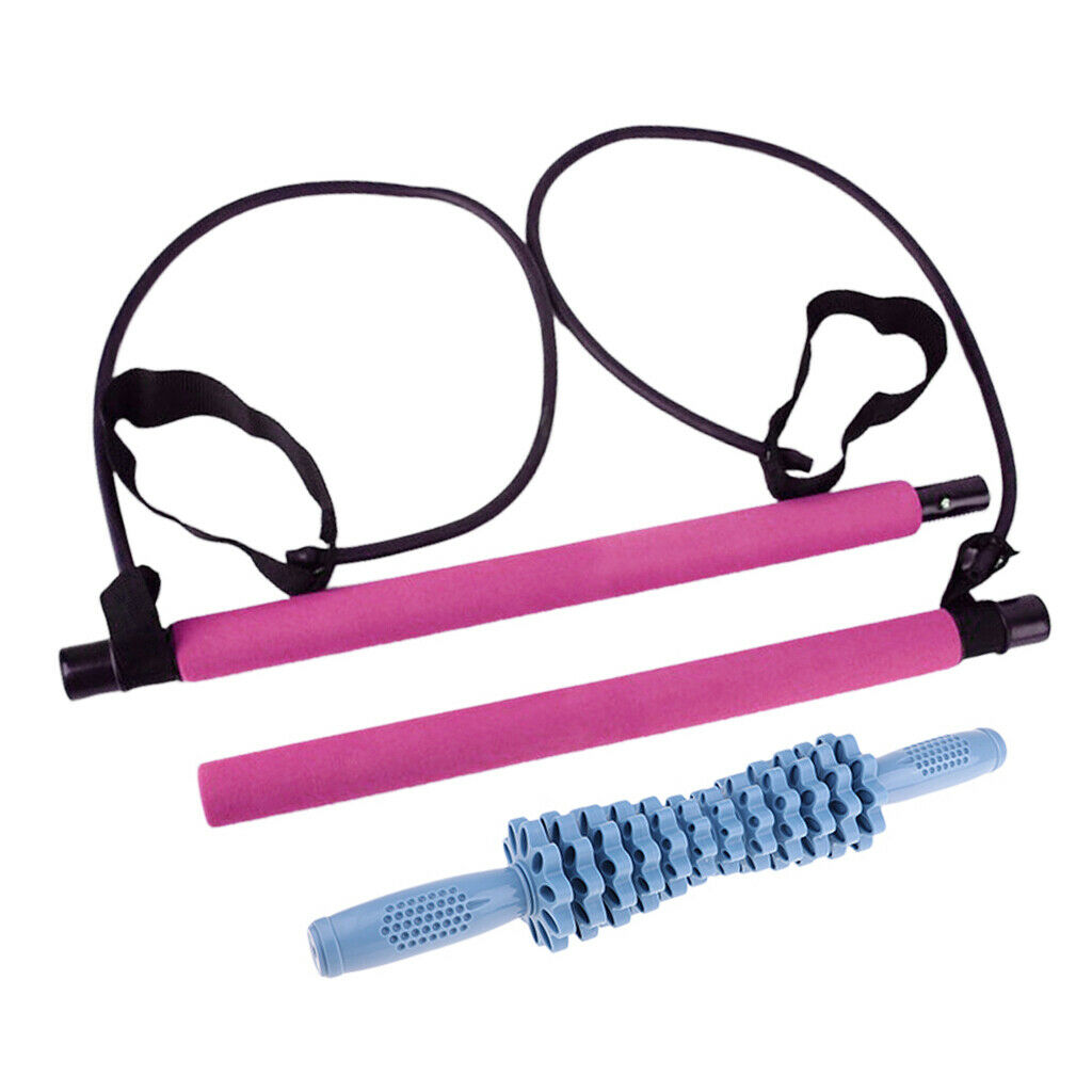 Pilates Bar Kit w/ Resistance Band Tube Muscle Massage Roller Stick Ab Trainer