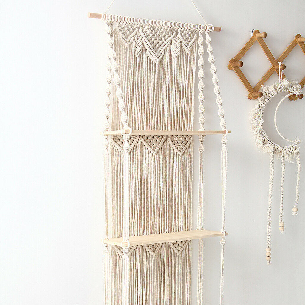 Handwoven Tapestry Macrame Wall Hanging Shelf Decor 3 Tiers Home Storage