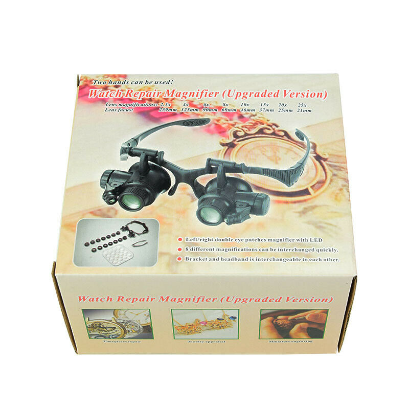 2.5X-25X Multi-Power Double LED Lights Magnifier Eye Glasses Watch Repair Loupe