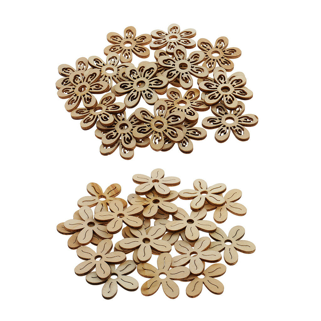 40pcs Unfinished Wooden Flower Embellishments for DIY Kids Wood Craft 35mm