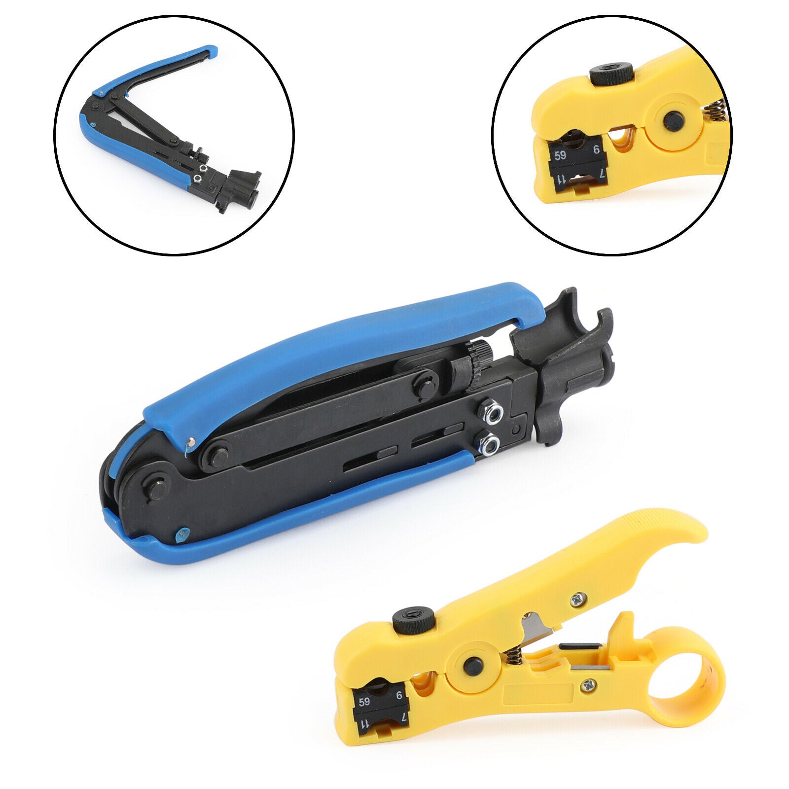 RG59 RG6 RG11 F Compression Tool Connector + Cable Coax Coaxial Crimper Stripper