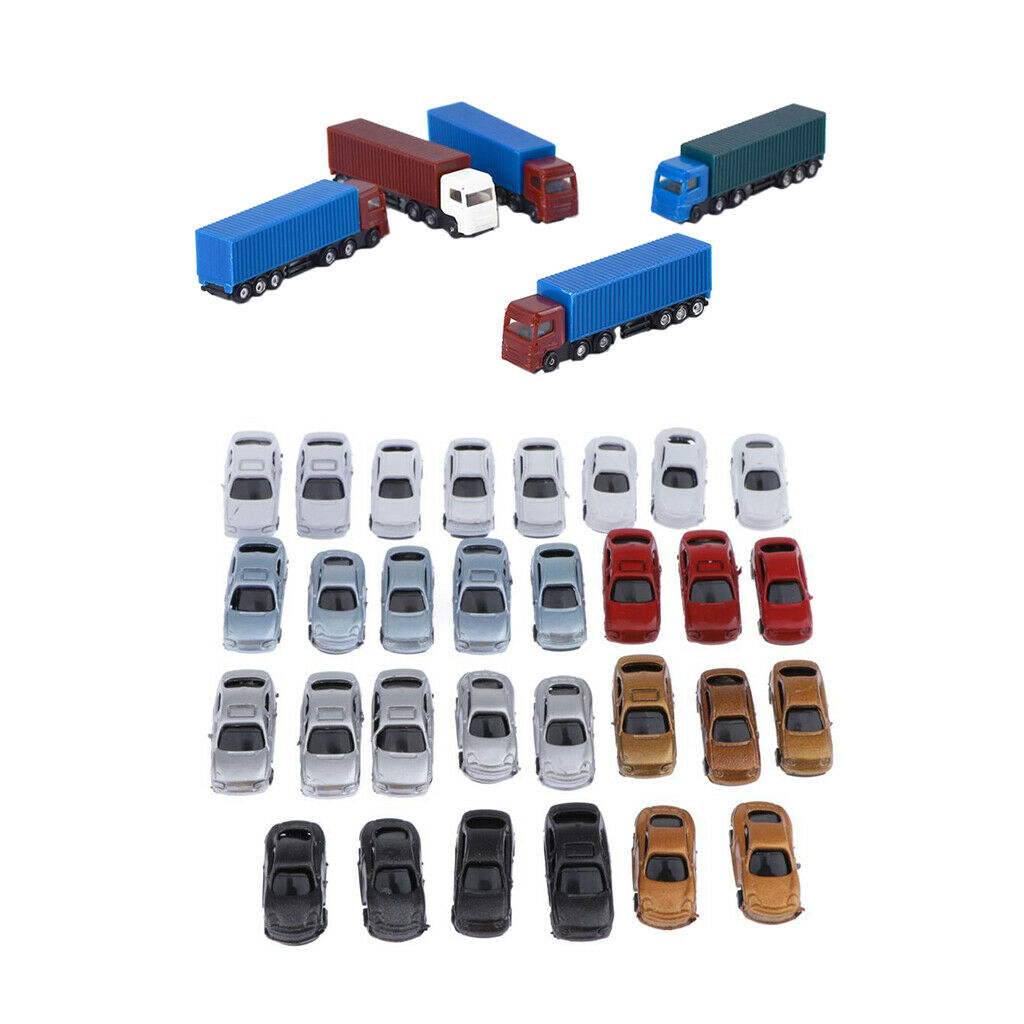 Set of 35 1/200 Plastic Painted Car + Truck Parking Building Landscape Accs