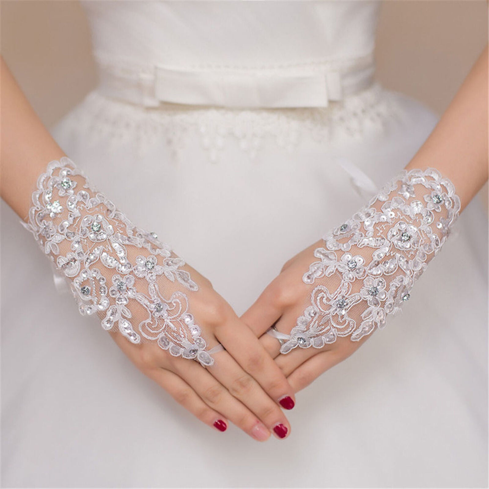 Stylish Party Fingerless Lace Short Paragraph Rhinestone Bridal Wedding Gloves