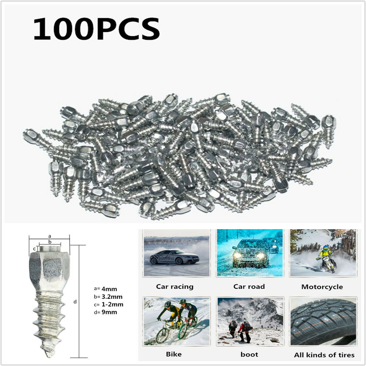 100pcs 9mm Screw in tire Stud Carbide tips with Steel Body for Car/Truck/ATV