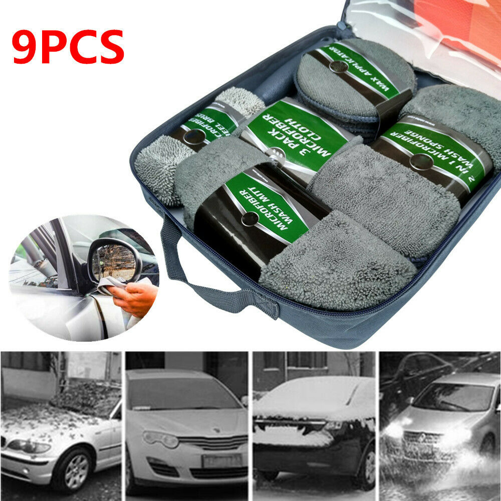 9PCS / Set Car Wash Cleaning Waxing Kit Supplies Tire Brush Sponge Towel Gloves