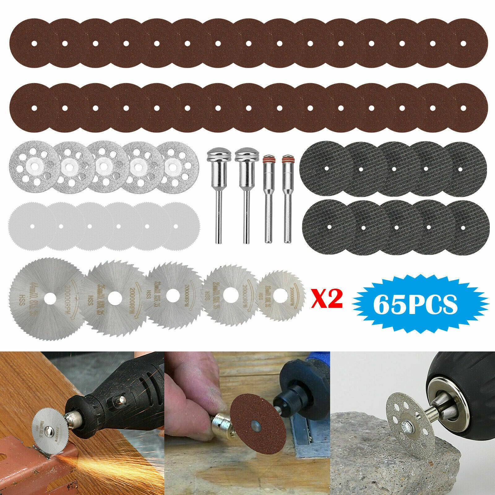 65Pcs Cutting Wheel Set Mini Drill for Dremel Rotary Tool Accessories w/ Mandrel