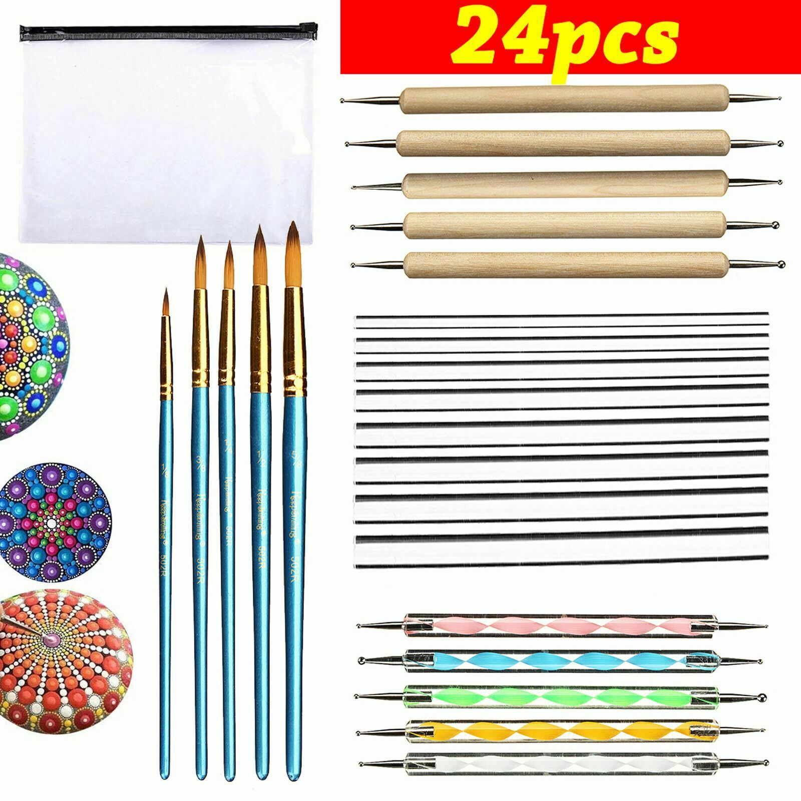 24pc Mandala Dotting Tools Rock Ball Nail Dot Painting Art Craft Kit Pen Stencil