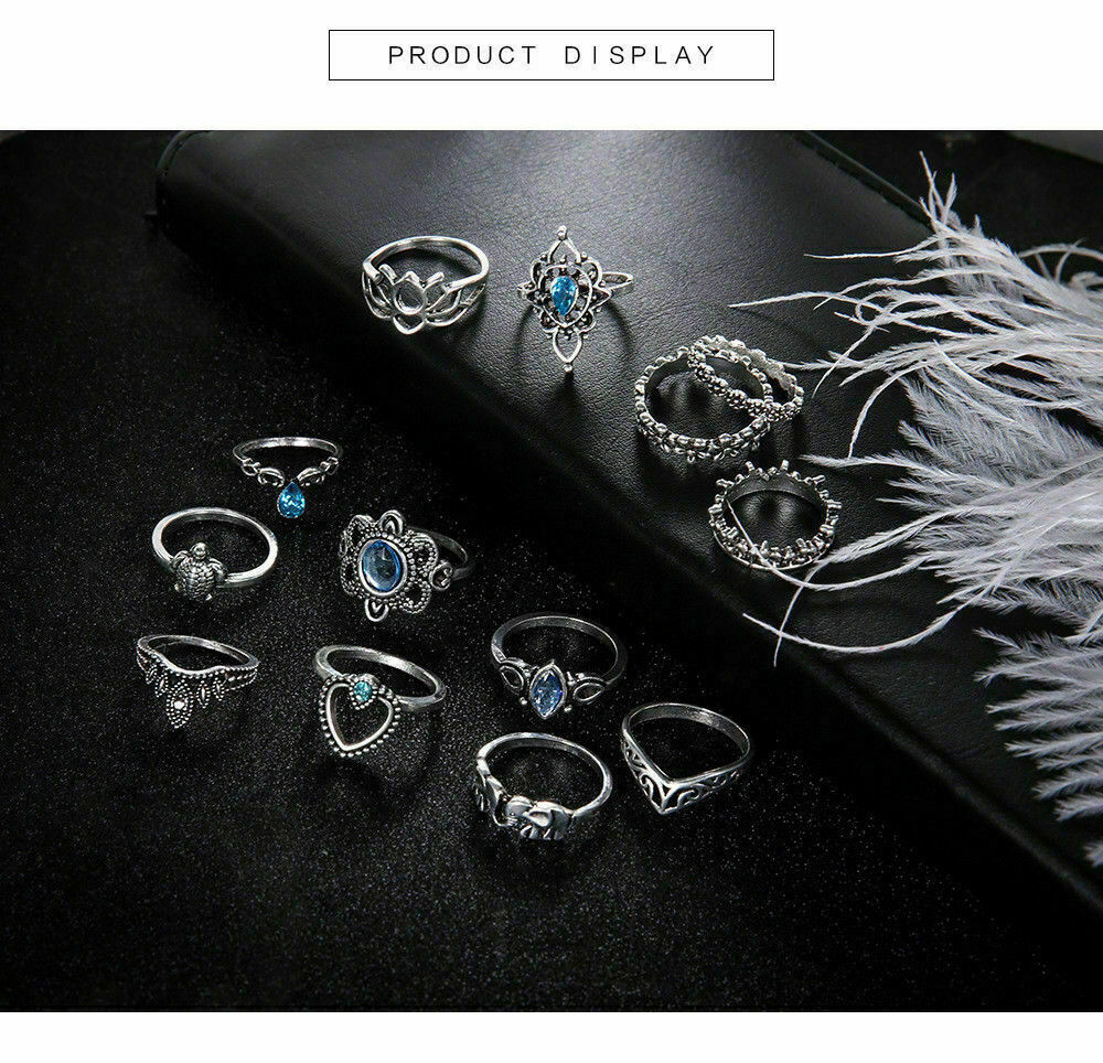 Women 13pcs Blue Crystal Turtle Finger Rings Knuckle Midi Ring Sets Boho Jewelry