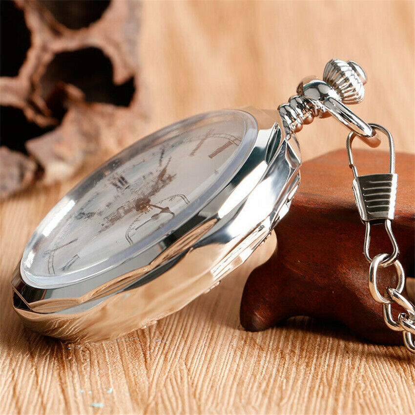 Retro Open FaceSilver Railway Mechanical Hand Winding Pocket Watch Chain Gift