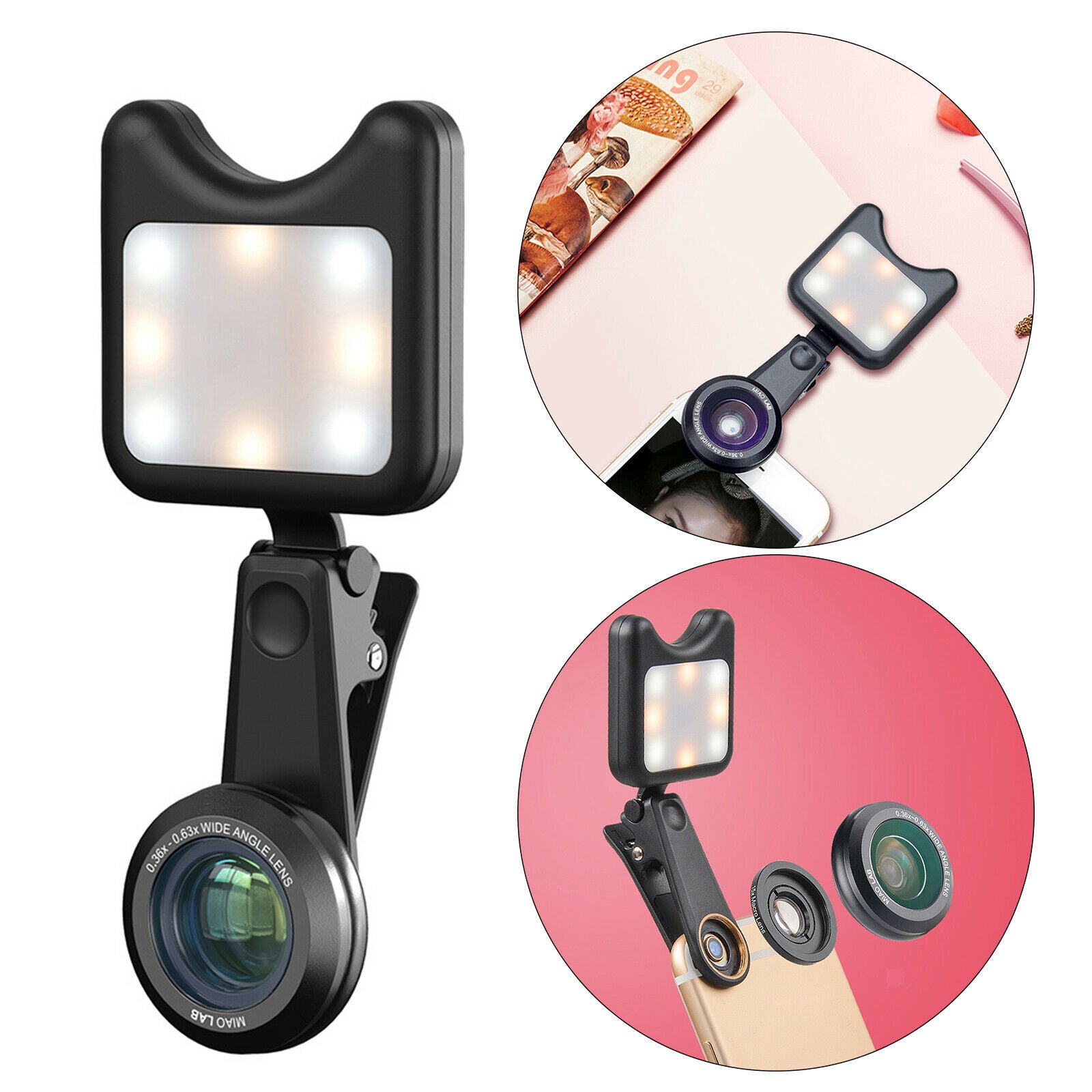 LED Rechargeable Fill Light witt Clip 5x Macro Lens for Phone Laptop Vlog