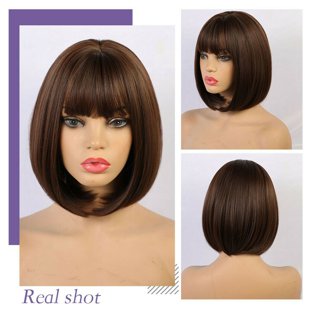 12'' Short Bob Wigs Costume Dating Party Full Wig with Neat Bangs Dark Brown