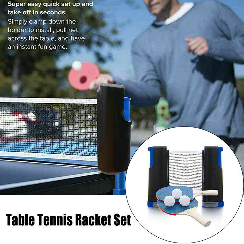 Table Tennis Ping Pong Set 2x Paddle Bats & Extending Net & 3 Balls PortabDD