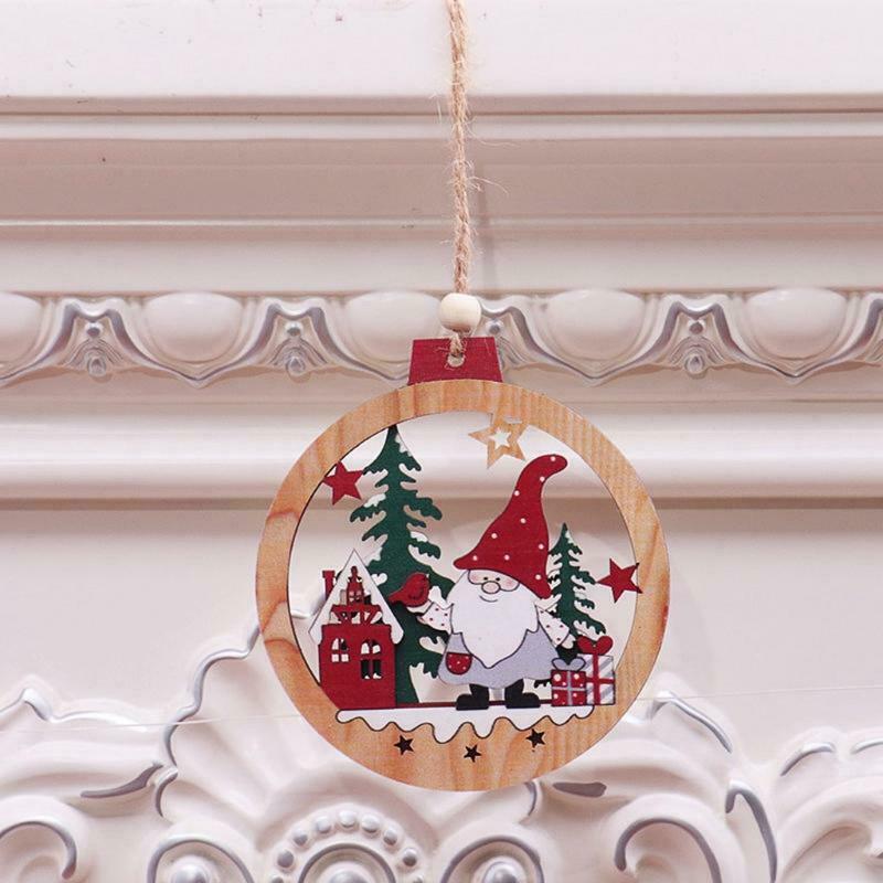 2pcs Christmas Car Gnome Santa Wooden Round Hanging Pendant Cartoon Santa Xmas