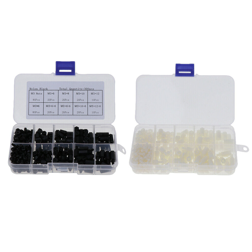 300 pcs M3 Nylon Hex Nuts Spacers Screws Stand-off Accessories Kit Black