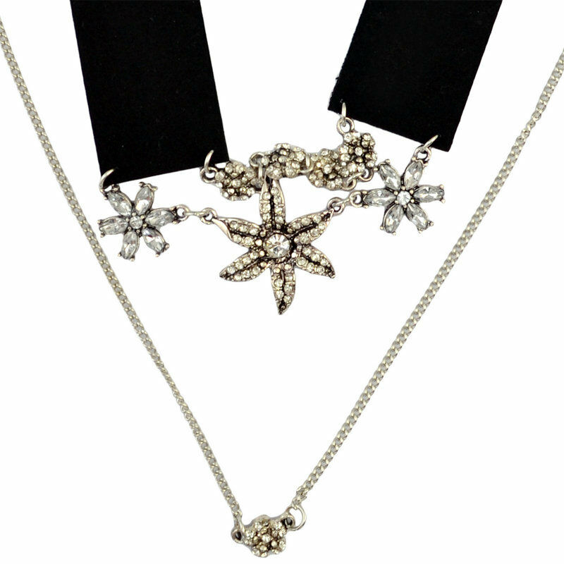 Double Chain Leather Collar Chain Choker Necklace Flower Crystal Pendant Jewelry