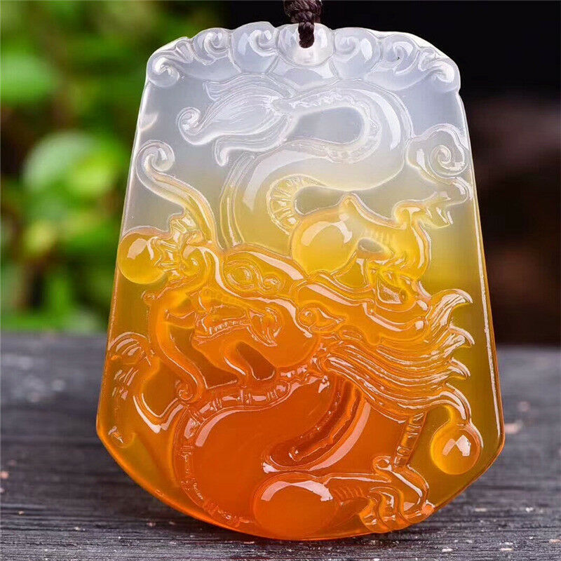 Beautiful Natural White/Yellow Agate Chalcedony Hand-Carved Fly Dragon Pendant