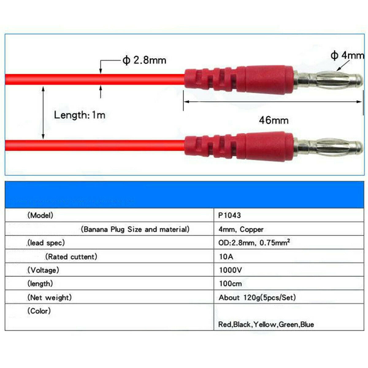 5PCS 4mm Banana Plug to Banana Plug Double End Test Lead For Multimeter 5 Colors