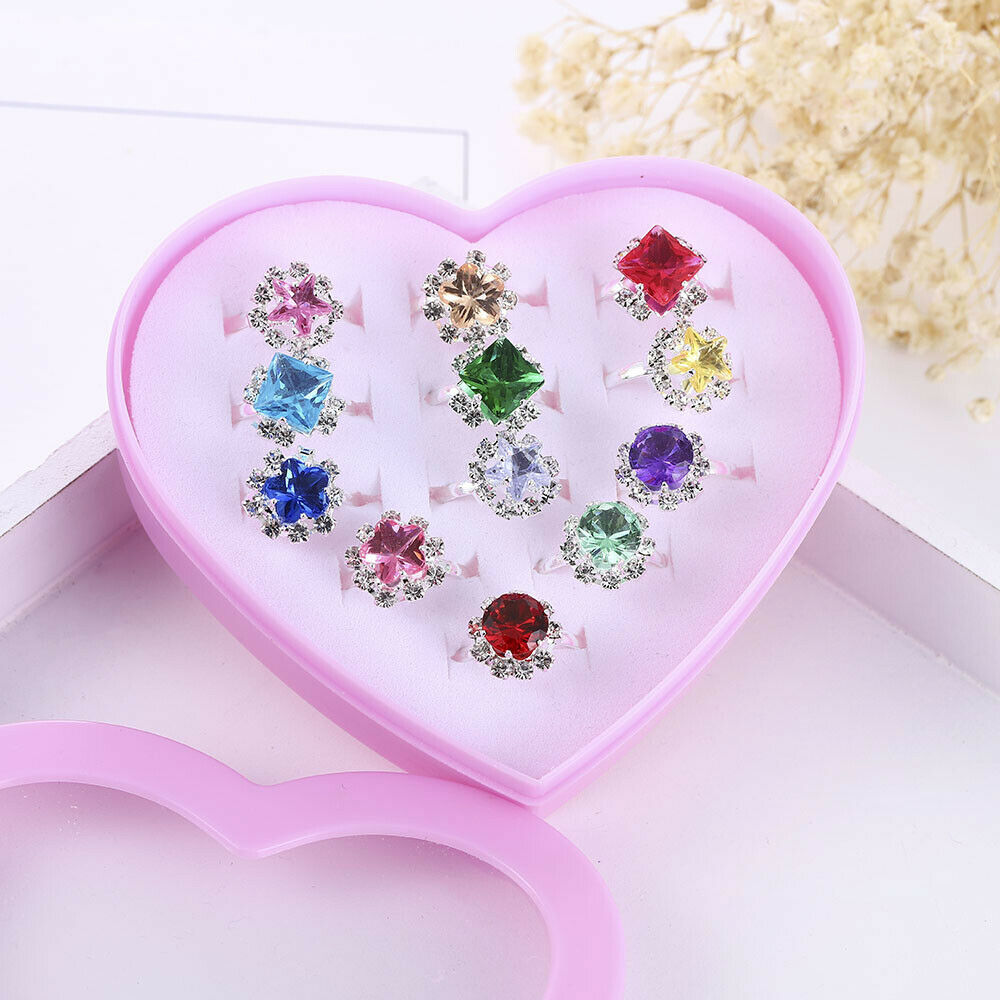 12Pcs/Box Child Girl Adjustable Kids Ring Set Crystal Rings Diamate Cute Jewelry