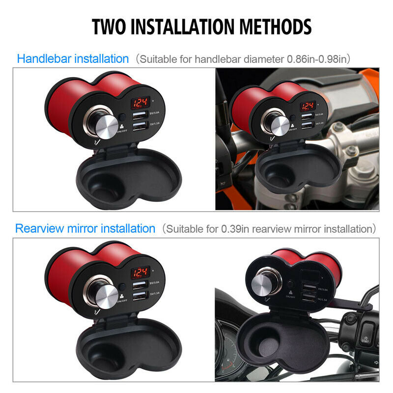 QC3.0 Motorcycle Bike Cigarette Lighter Socket Dual USB Charger Switch Voltmeter