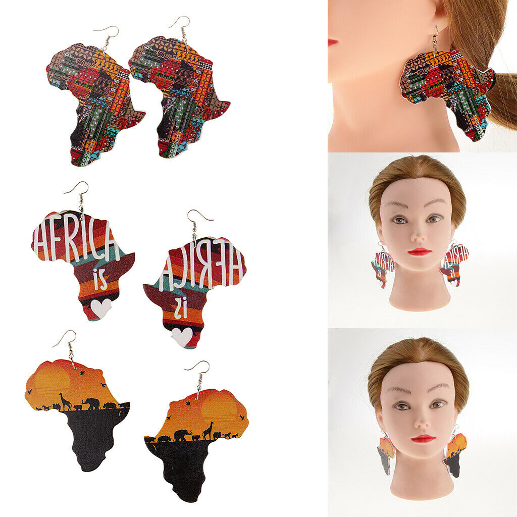 Ethnic Natural wooden African Map Tribal Club Women Dangle Earrings 3Pairs