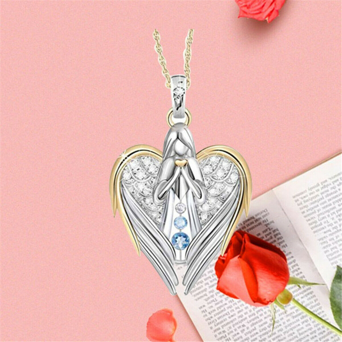 Two Tone Heart Angel Wing Pendant Chain Guardian Necklace Jewelry Charm Gift New