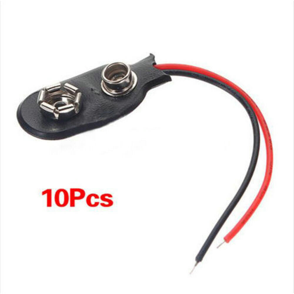 10 Pcs Snap 9V (9 Volt) Battery Clip Connector I Type Black w Cable Black