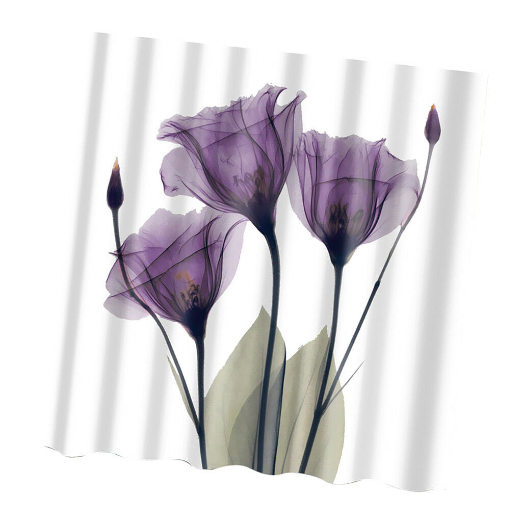 Polyester Mildewproof Purple Flowers Shower Curtain With Hook Bathroom Decor