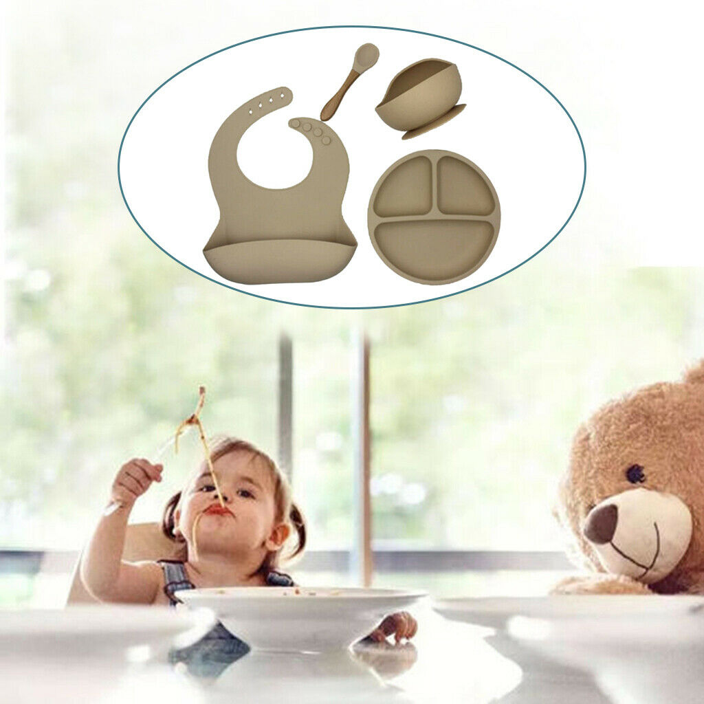 4pcs Silicone Baby Feeding Supplies with Plate Spoons Bib and Bowl Camel