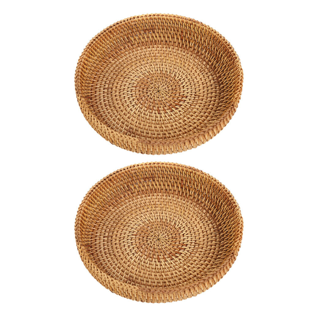 2 Pieces Woven Basket Storage Tray Tea Serving Fruits Bowl Organizer 18cm