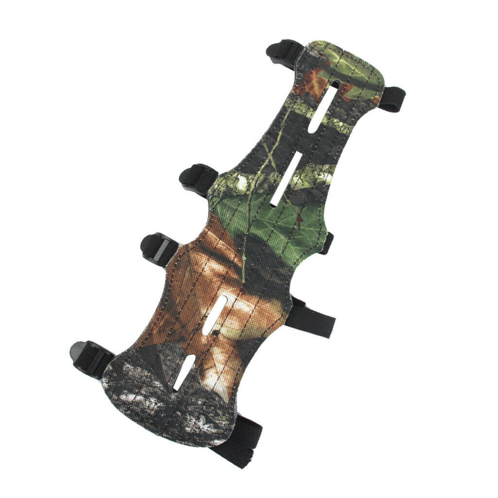 Adjustable Leather Archery Arm Guard Camo 4 Straps & Silicone Finger Saver