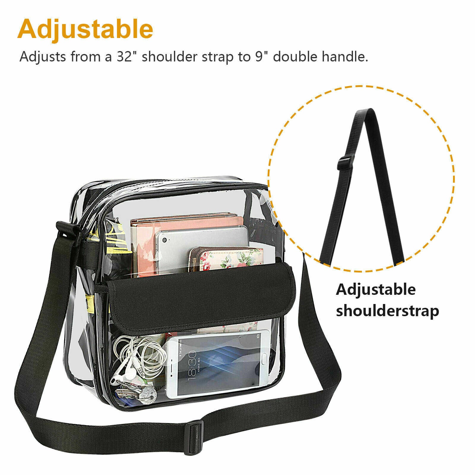 Women Clear Plastic Tote Bag Transparent Handbag Zip Purse NFL Stadium Crossbody