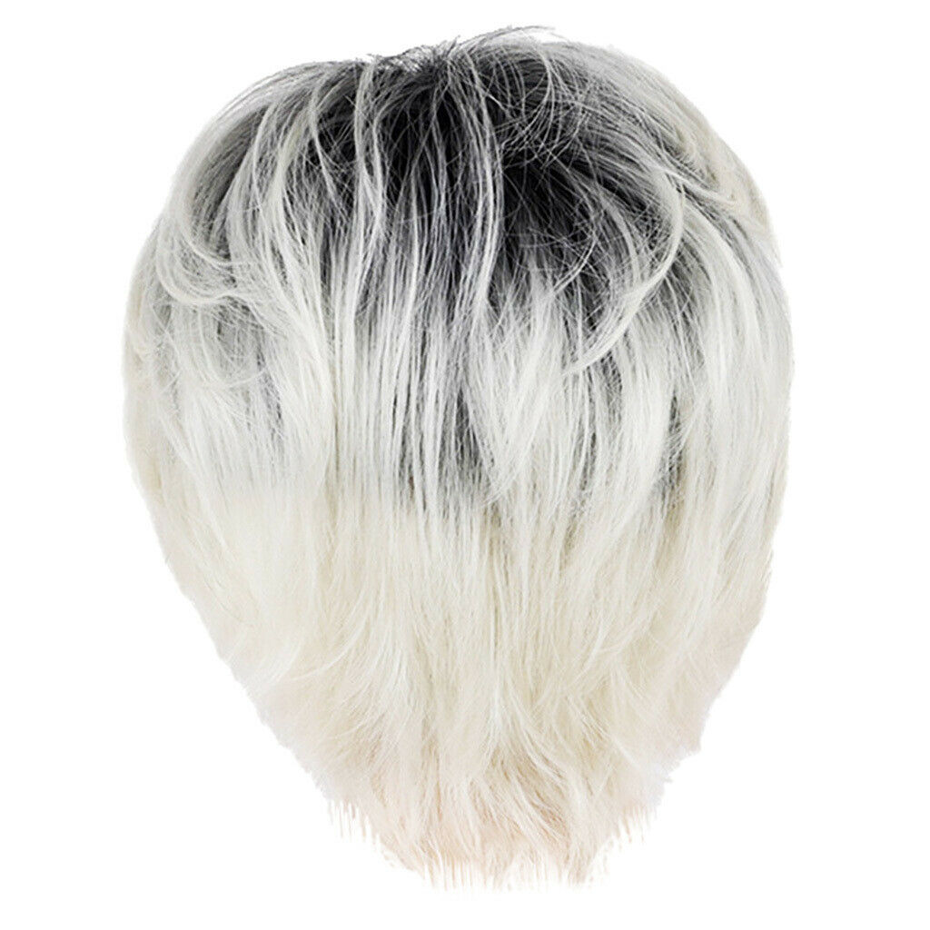 Short Full Head Wig Beige Black Gradient Oblique Bangs Women Synthetic Wig