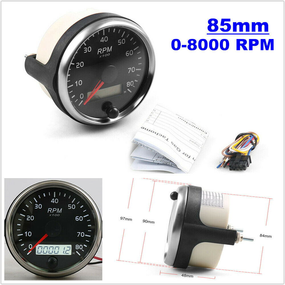 85mm 12V/24V 0-8000RPM Tachometer Gauge Tacho Meter w/ Digital LCD Hourmeter Kit