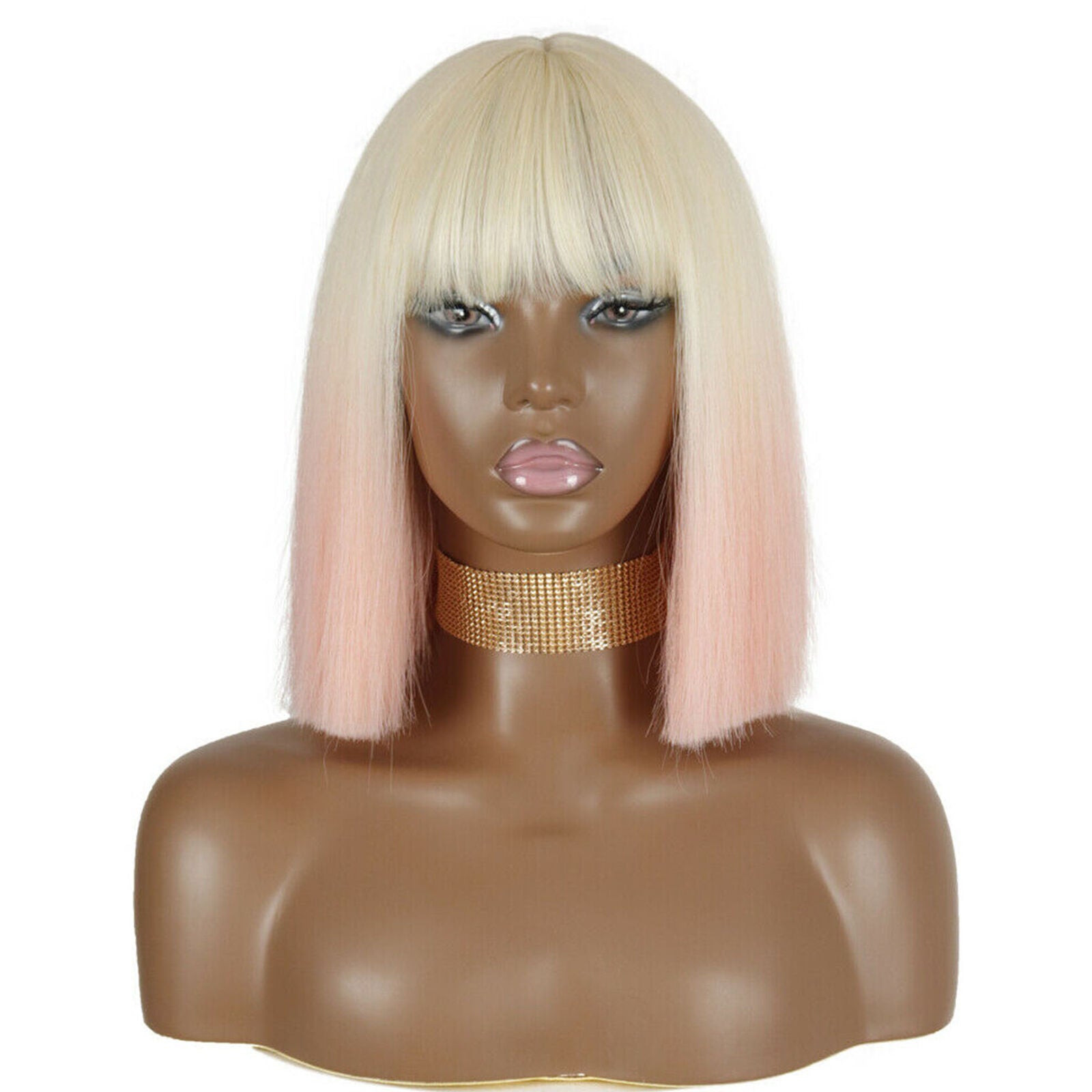 Fashion Short Straight Bob Wig Ombre White Blonde Pink with Bangs Synthetic Hair