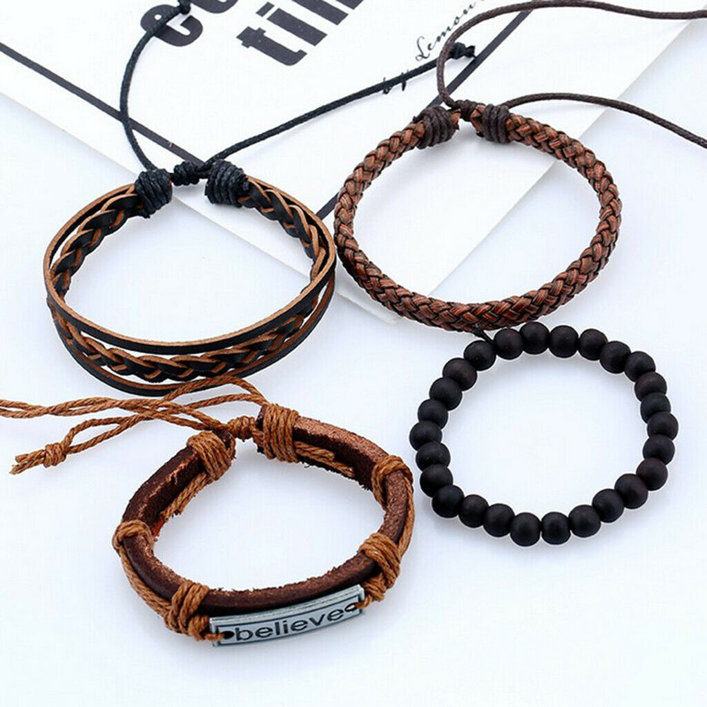HOT 4Pcs Mens Leather Bracelet BELIEVE Carved Adjustable Multilayer Bangles