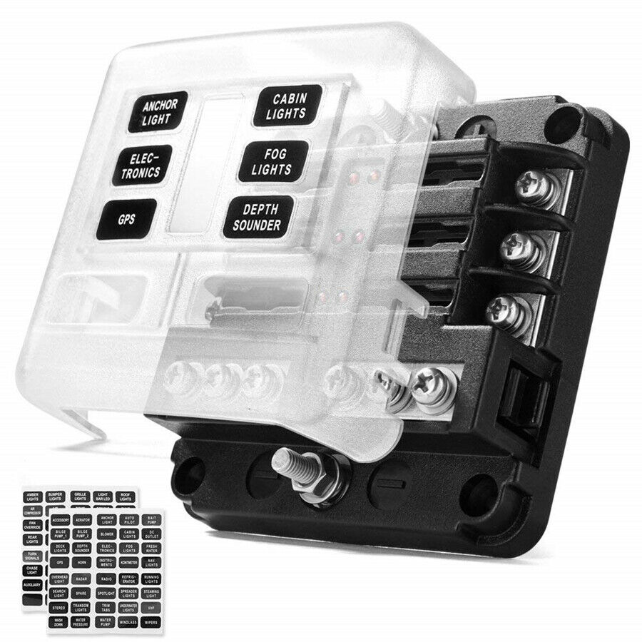 12V 32V Square 6-Way Blade Fuse Box Block Holder with LED Indicator Car RV Truck