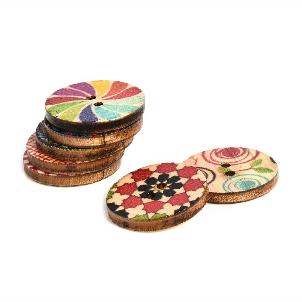50pcs Mixed Retro Wood Handmade 2 Holes Wooden Button Sewing Scrapbooking Lots
