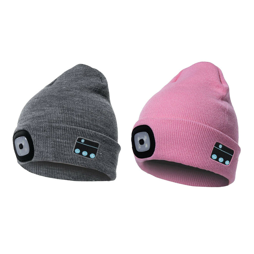 2Pcs Pink+Gray Unisex Bluetooth Beanie Hat Warm for Winter Outdoor Fitness