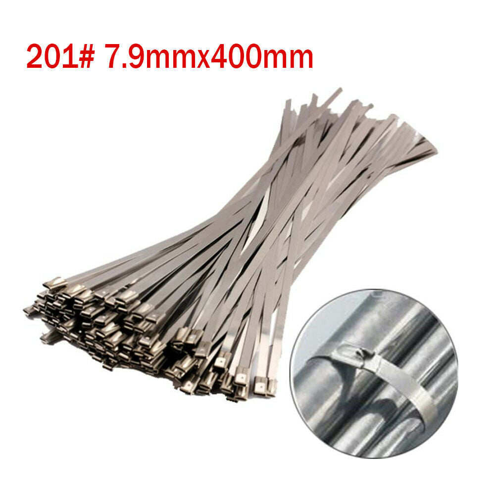 100pcs Stainless Steel Metal Exhaust Straps Cable Ties 201 Grade 7.9mmX400mm